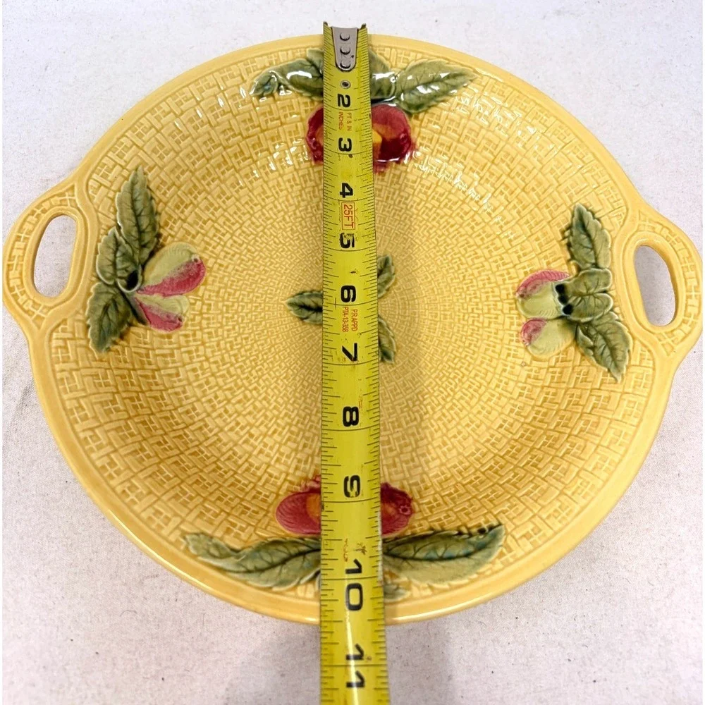 Vintage German Majolica Yellow Fruit Handled Serving Basketweave  10.5